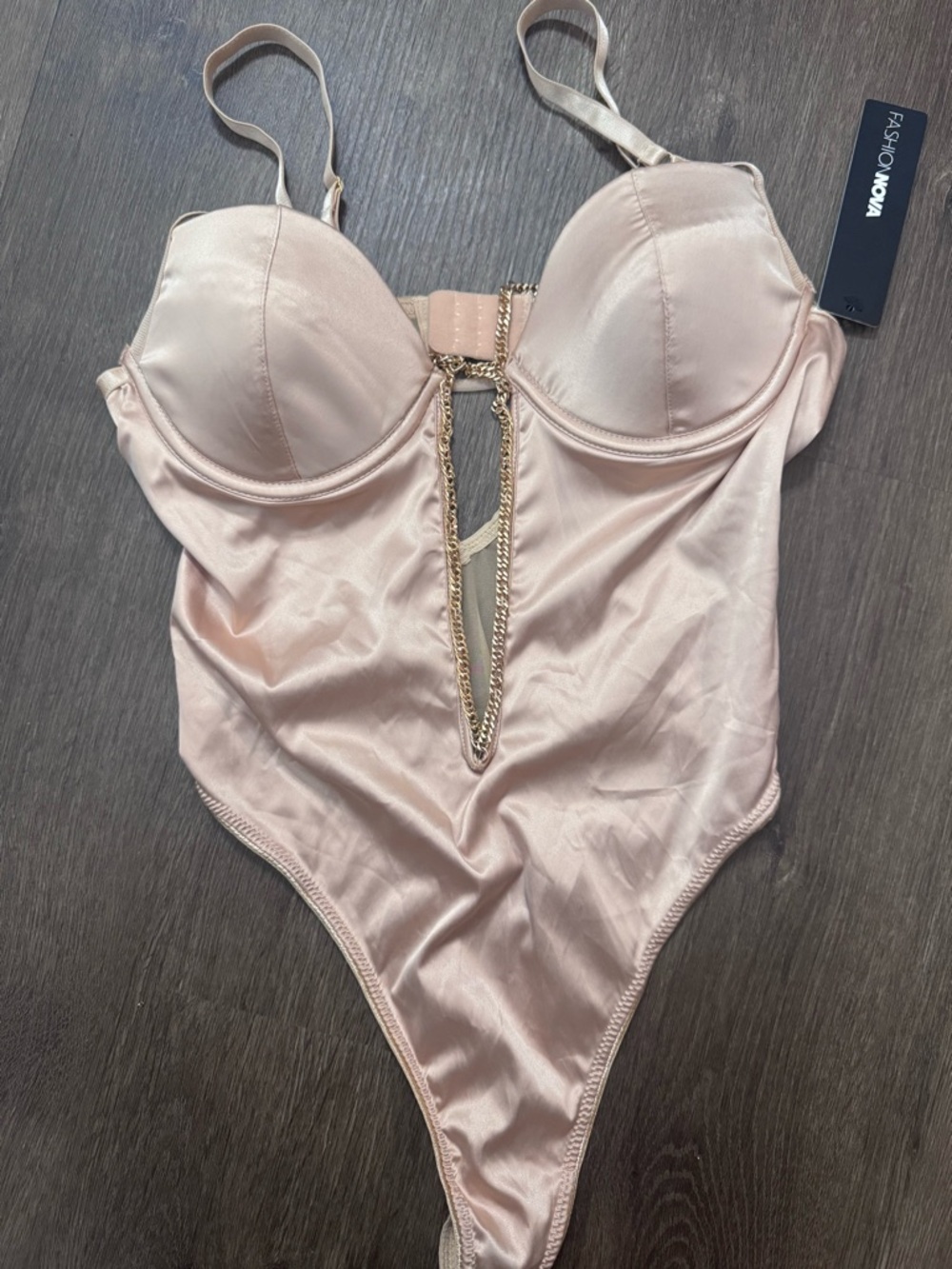 Fashion Nova Nude Satin Chain-Front Bodysuit